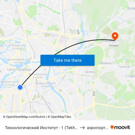 Технологический Институт - 1 (Tekhnologicheskiy Institut - 1) to аэропорт Ржевка map