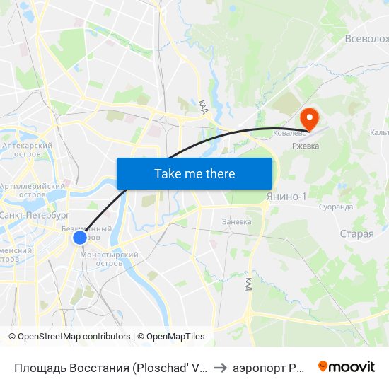 Площадь Восстания (Ploschad' Vosstaniya) to аэропорт Ржевка map