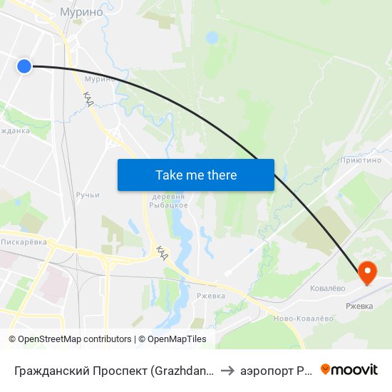 Гражданский Проспект (Grazhdansky Prospekt) to аэропорт Ржевка map