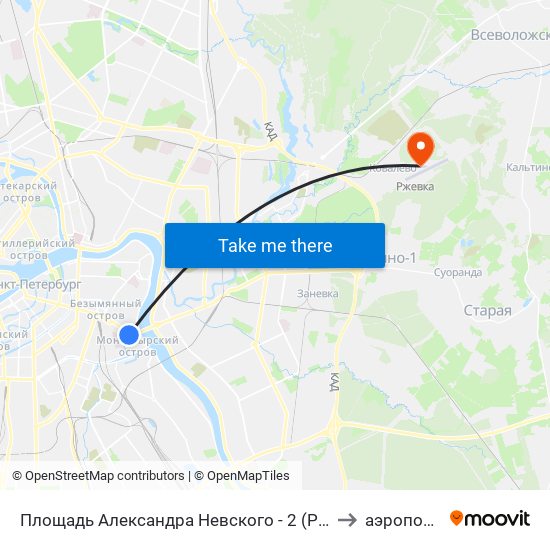 Площадь Александра Невского - 2 (Ploschad' Aleksandra Nevskogo - 2) to аэропорт Ржевка map