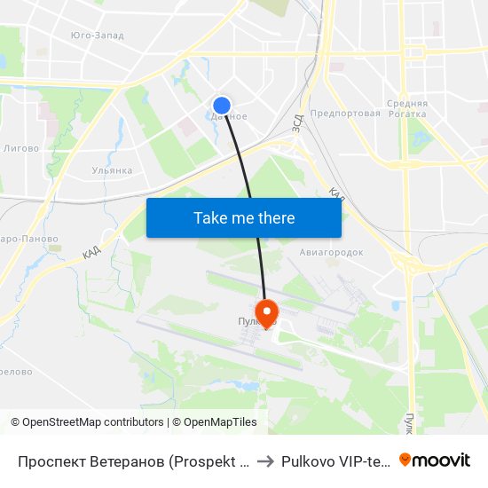 Проспект Ветеранов (Prospekt Veteranov) to Pulkovo VIP-terminal map