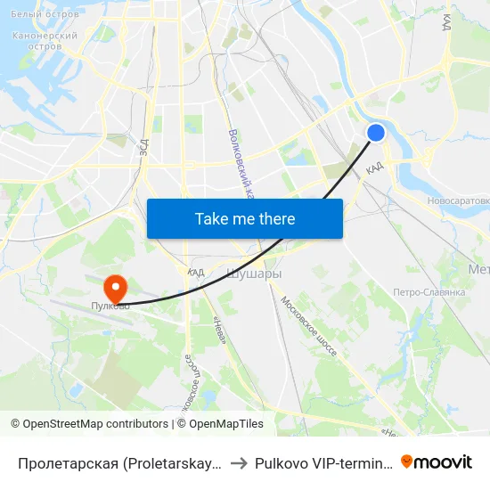 Пролетарская (Proletarskaya) to Pulkovo VIP-terminal map