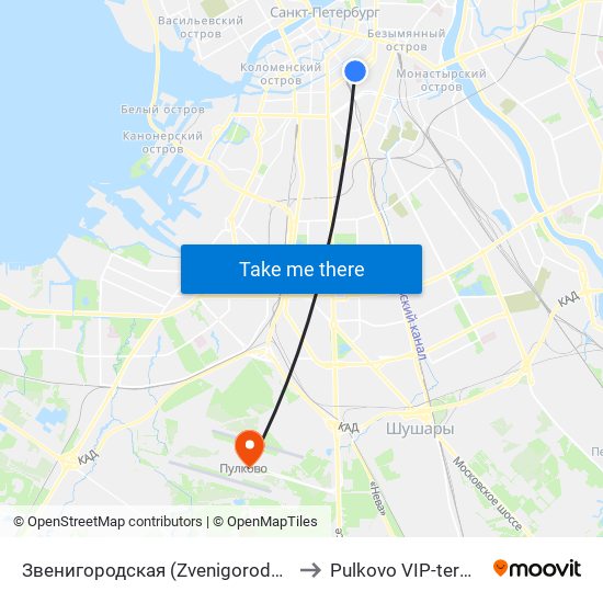 Звенигородская (Zvenigorodskaya) to Pulkovo VIP-terminal map