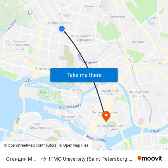 Станция Метро Комендантский Пр. to ITMO University (Saint Petersburg National Research University of Information Technologies, Mechani map