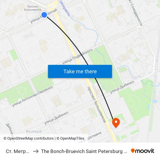 Ст. Метро Пр. Большевиков to The Bonch-Bruevich Saint Petersburg State University of Telecommunications (СПбГУТ им. М. А. Бонч-Б map