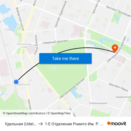 Удельная (Udel'Naya) to 1-Е Отделение Рниито Им. Р. Р.  Вредена map