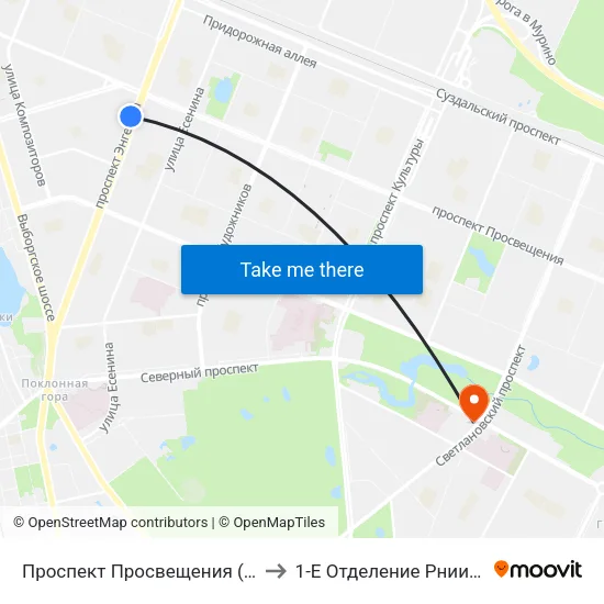 Проспект Просвещения (Prospekt Prosveschenya) to 1-Е Отделение Рниито Им. Р. Р.  Вредена map