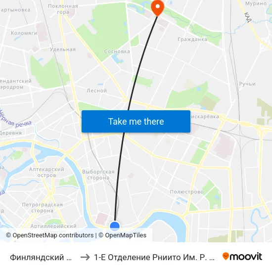 Финляндский Вокзал to 1-Е Отделение Рниито Им. Р. Р.  Вредена map