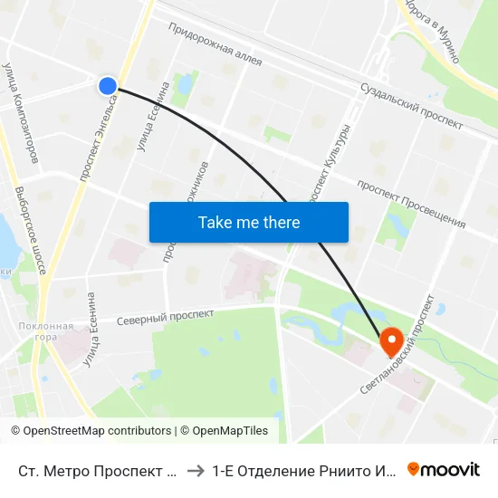 Ст. Метро Проспект Просвещения to 1-Е Отделение Рниито Им. Р. Р.  Вредена map