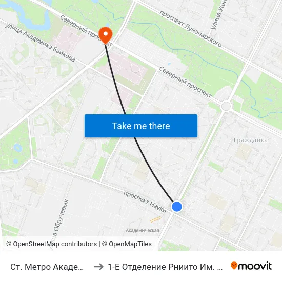 Ст. Метро Академическая to 1-Е Отделение Рниито Им. Р. Р.  Вредена map