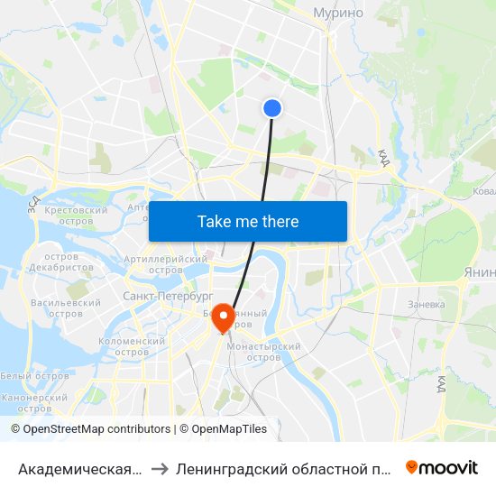 Академическая (Akademicheskaya) to Ленинградский областной психоневрологический диспансер map