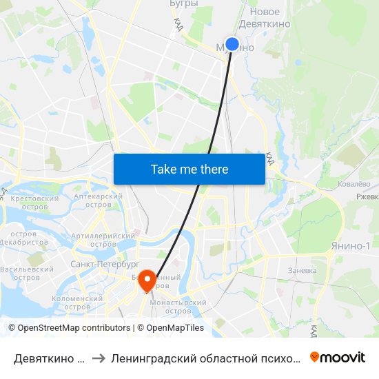 Девяткино (Devyatkino) to Ленинградский областной психоневрологический диспансер map