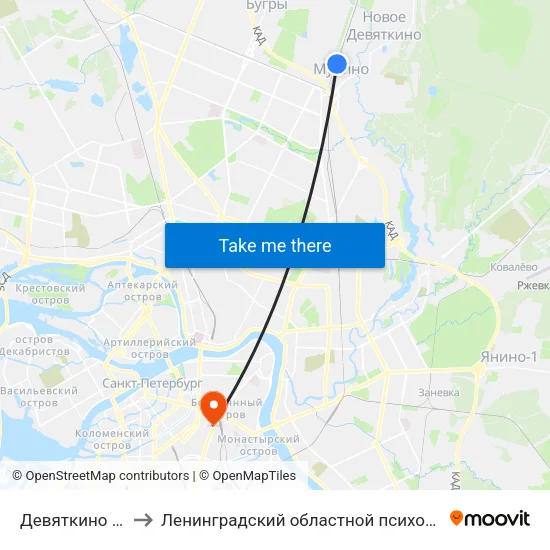 Девяткино (Devyatkino) to Ленинградский областной психоневрологический диспансер map