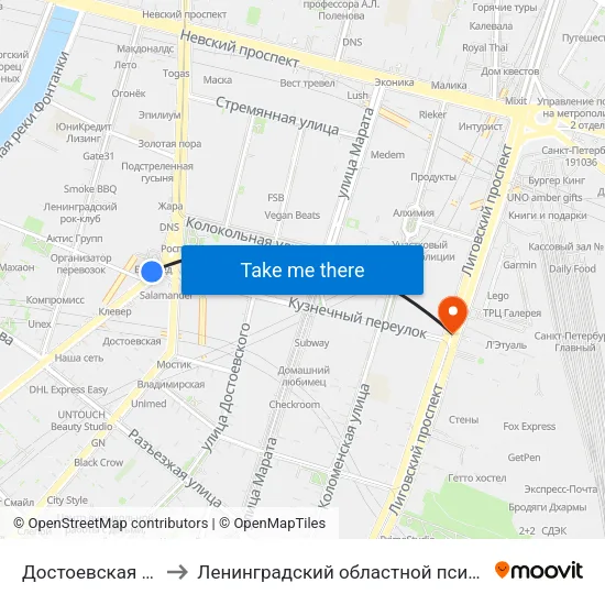 Достоевская (Dostoyevskaya) to Ленинградский областной психоневрологический диспансер map