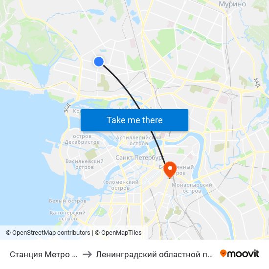 Станция Метро Комендантский Пр. to Ленинградский областной психоневрологический диспансер map