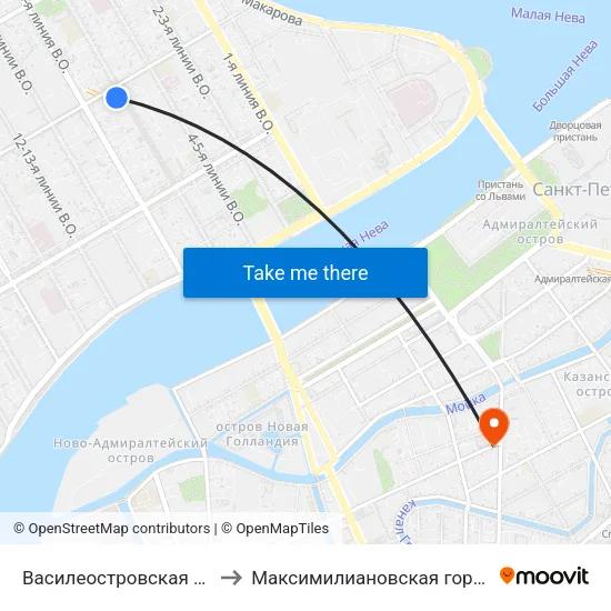 Василеостровская (Vasileostrovskaya) to Максимилиановская городская больница № 28 map