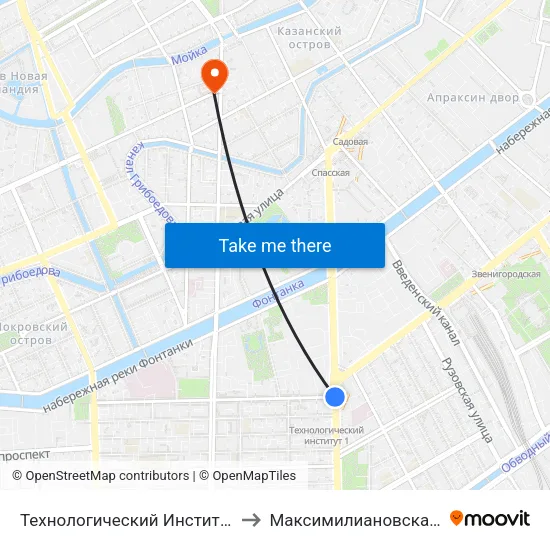 Технологический Институт - 1 (Tekhnologicheskiy Institut - 1) to Максимилиановская городская больница № 28 map