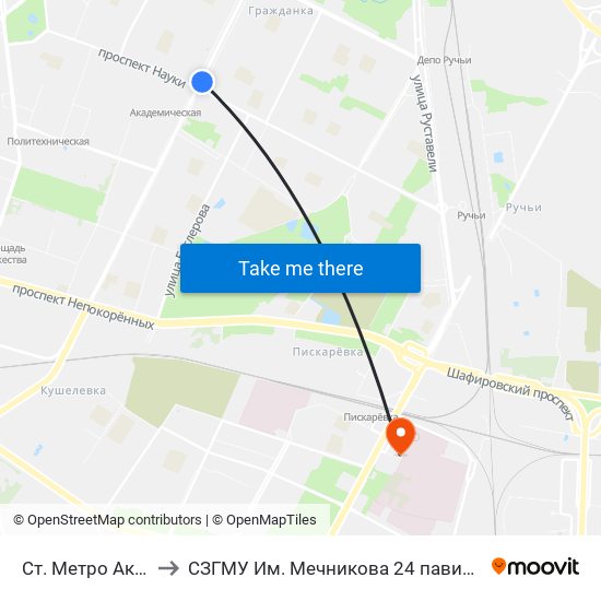 Ст. Метро Академическая to СЗГМУ Им. Мечникова 24 павильон отделение реанимации map