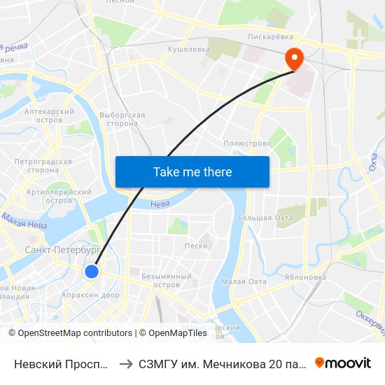 Невский Проспект (Nevskiy Prospekt) to СЗМГУ им. Мечникова 20 павильон, отделение травматологии map