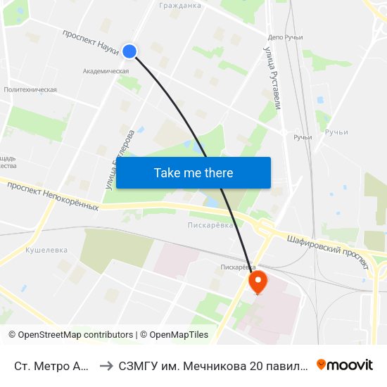 Ст. Метро Академическая to СЗМГУ им. Мечникова 20 павильон, отделение травматологии map
