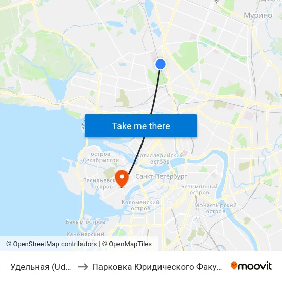 Удельная (Udel'Naya) to Парковка Юридического Факультета СПБГУ map
