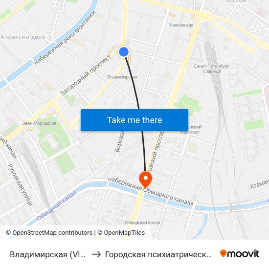 Владимирская (Vladimirskaya) to Городская психиатрическая больница № 4 map