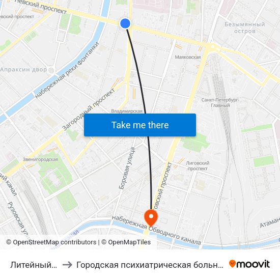 Литейный Пр. to Городская психиатрическая больница № 4 map