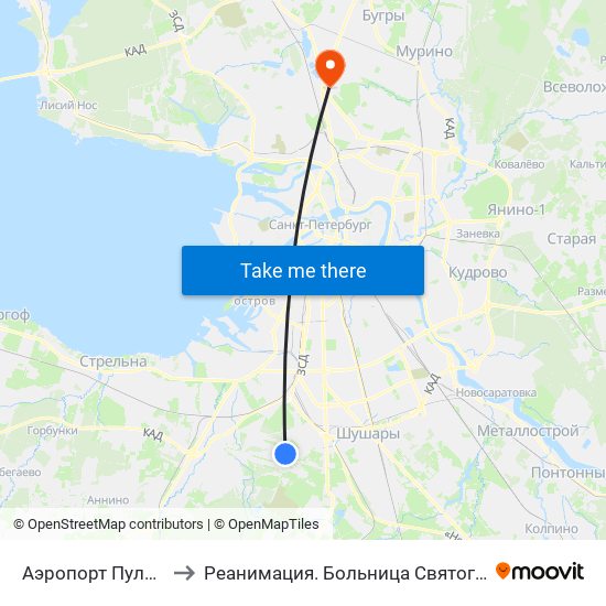 Аэропорт Пулково 1 to Реанимация.  Больница Святого Георгия. map