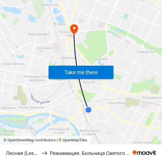 Лесная (Lesnaya) to Реанимация.  Больница Святого Георгия. map
