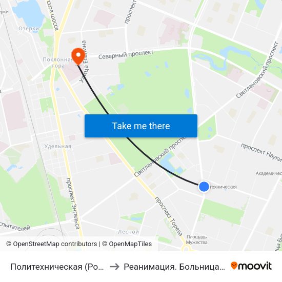 Политехническая (Politekhnicheskaya) to Реанимация.  Больница Святого Георгия. map