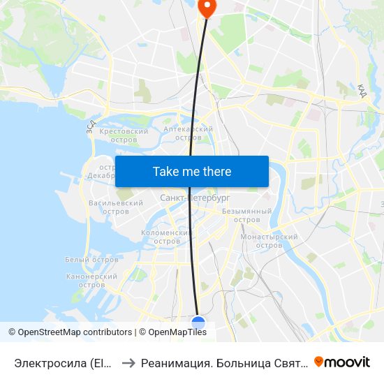 Электросила (Elektrosila) to Реанимация.  Больница Святого Георгия. map