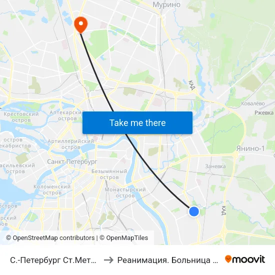 С.-Петербург  Ст.Метро Ул.Дыбенко to Реанимация.  Больница Святого Георгия. map