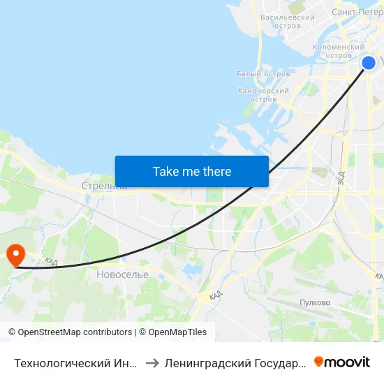 Технологический Институт - 1 (Tekhnologicheskiy Institut - 1) to Ленинградский Государственный Университет имени А.С. Пушкина map