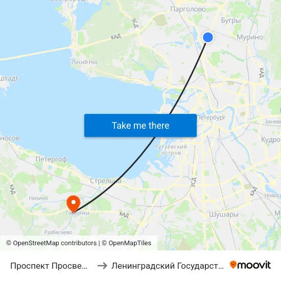 Проспект Просвещения (Prospekt Prosveschenya) to Ленинградский Государственный Университет имени А.С. Пушкина map