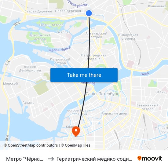 Метро "Чёрная Речка" to Гериатрический медико-социальный центр map