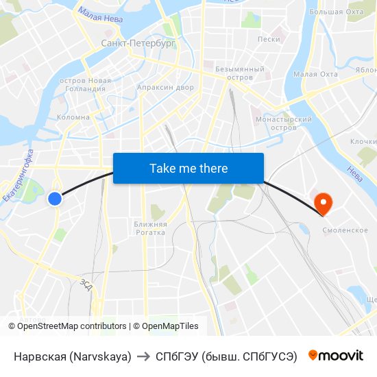 Нарвская (Narvskaya) to СПбГЭУ (бывш. СПбГУСЭ) map