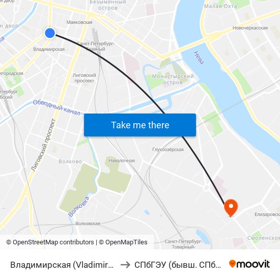 Владимирская (Vladimirskaya) to СПбГЭУ (бывш. СПбГУСЭ) map