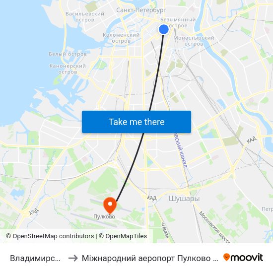 Владимирская (Vladimirskaya) to Міжнародний аеропорт Пулково (LED) (Международный аэропорт Пулково) map