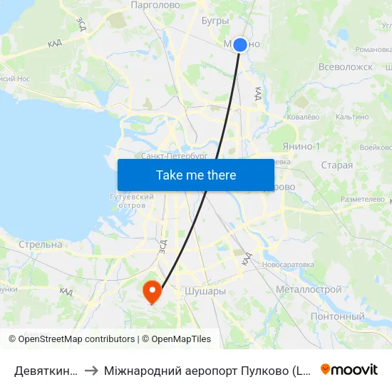 Девяткино (Devyatkino) to Міжнародний аеропорт Пулково (LED) (Международный аэропорт Пулково) map
