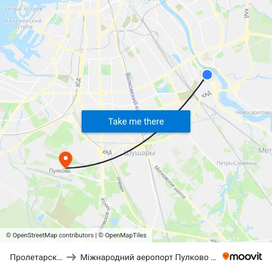 Пролетарская (Proletarskaya) to Міжнародний аеропорт Пулково (LED) (Международный аэропорт Пулково) map