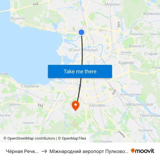 Чёрная Речка (Chernaya Rechka) to Міжнародний аеропорт Пулково (LED) (Международный аэропорт Пулково) map