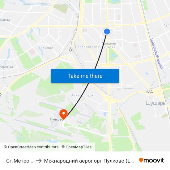 Ст.Метро Московская to Міжнародний аеропорт Пулково (LED) (Международный аэропорт Пулково) map