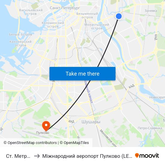 Ст. Метро Ладожская to Міжнародний аеропорт Пулково (LED) (Международный аэропорт Пулково) map