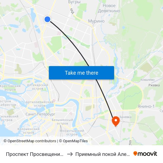 Проспект Просвещения (Prospekt Prosveschenya) to Приемный покой Александровской больницы map