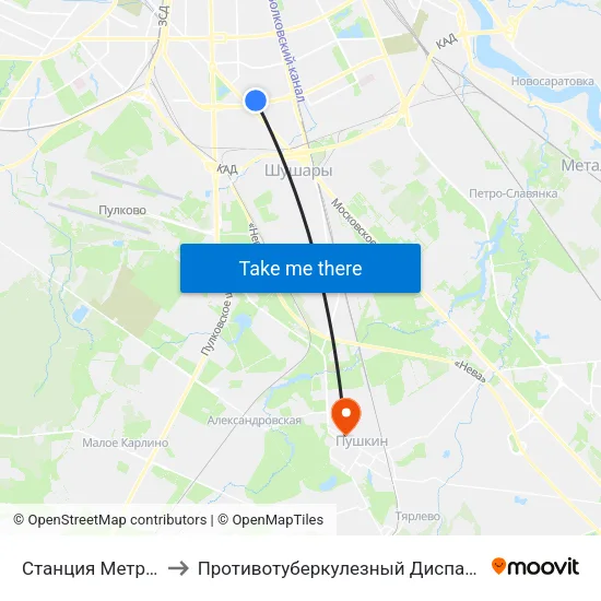 Станция Метро «Звездная» to Противотуберкулезный Диспансер Пушкинского Района map