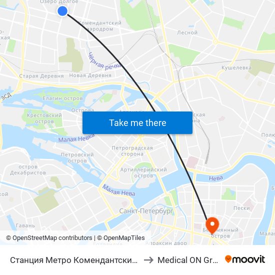 Станция Метро Комендантский Пр. to Medical ON Group map