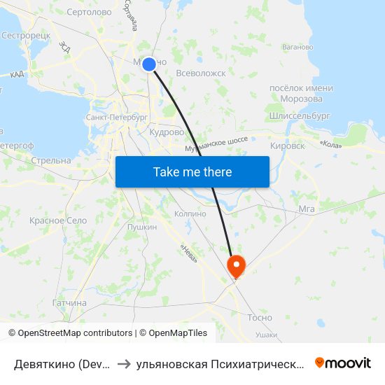 Девяткино (Devyatkino) to ульяновская Психиатрическая Больница map