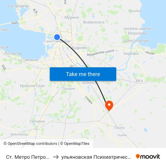 Ст. Метро Петроградская to ульяновская Психиатрическая Больница map