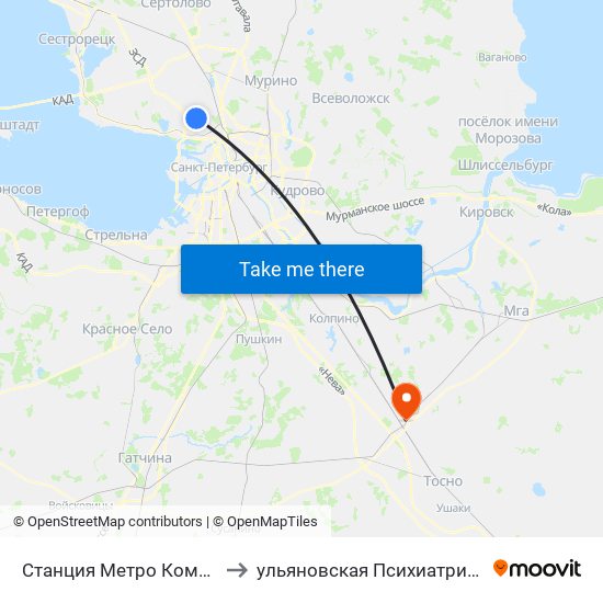 Станция Метро Комендантский Пр. to ульяновская Психиатрическая Больница map
