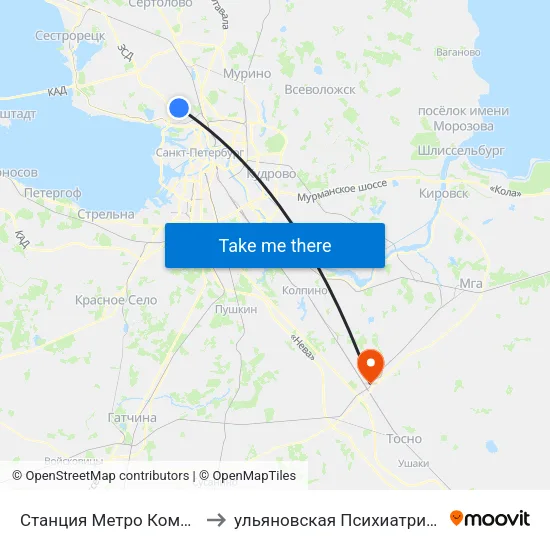 Станция Метро Комендантский Пр. to ульяновская Психиатрическая Больница map